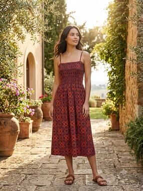 Isla Bonita Smocked Midi Dress Poly Spandex Bohemian Mediterranean Tile